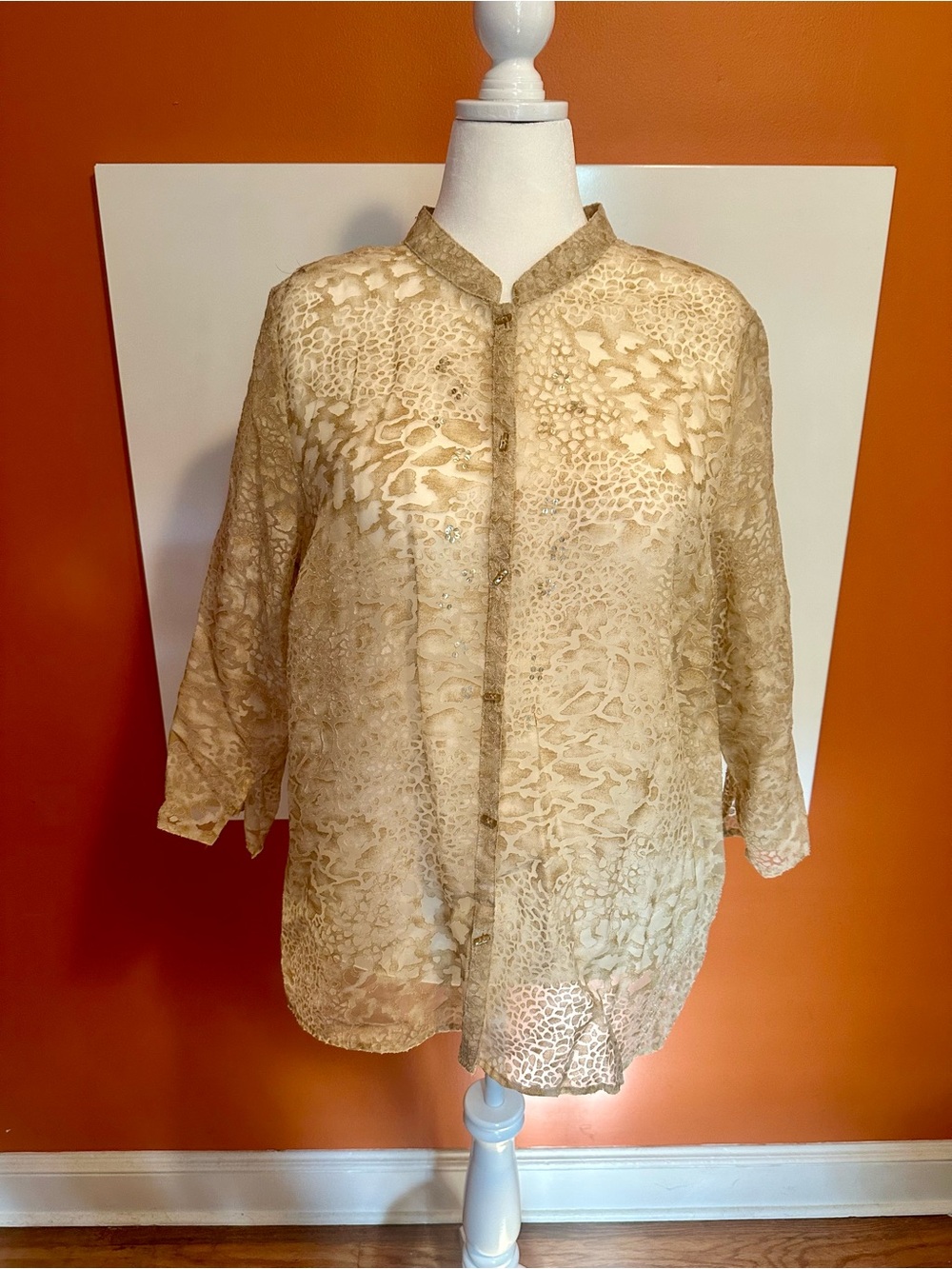 JH Collectibles Woman 2X Sequin Devoré Burnout Button Front Blouse Gold Tan